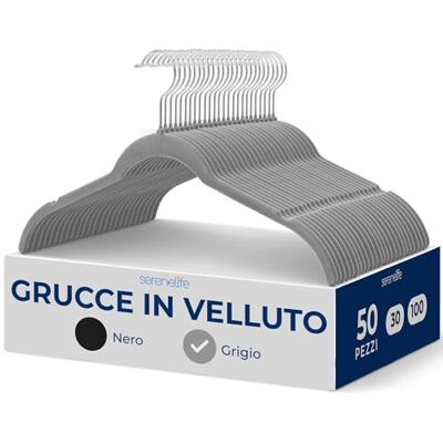 SereneLife 50 Grucce Armadio in Velluto Grigio, Stampelle Armadio Salvaspazio con Gancio Rotante 360°, Antiscivolo per Grucce Appendiabiti per Abiti, Pantaloni e Vestiti SereneLife 50 Grucce Armadio in Velluto Grigio, Stampelle Armadio Salvaspazio con Gancio Rotante 360°, Antiscivolo per Grucce Appendiabiti per Abiti, Pantaloni e Vestiti