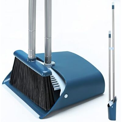 TreeLen Standing Dustpan and Broom Set with 52" Long Extendable Handle for Home, Indoor, Kitchen Room Office Lobby Floor Cleaning TreeLen Standing Dustpan and Broom Set with 52" Long Extendable Handle for Home, Indoor, Kitchen Room Office Lobby Floor Cleaning