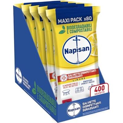 Napisan Salviette Disinfettanti Sgrassanti al Limone, Confezione da 5 Pacchi x 80 Salviette Disinfettanti Biodegradabili e Compostabili Multisuperfici Napisan Salviette Disinfettanti Sgrassanti al Limone, Confezione da 5 Pacchi x 80 Salviette Disinfettanti Biodegradabili e Compostabili Multisuperfici