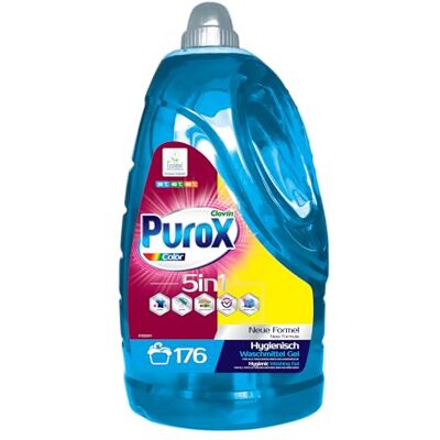 Clovin Purox PUROX COLOR Detersivo Lavatrice Liquido (176 Lavaggi) – Per tessuti colorati, rimuove le macchie, risciacquo completo, ecologico, protezione anticalcare, flacone da 5,3 l Clovin Purox PUROX COLOR Detersivo Lavatrice Liquido (176 Lavaggi) – Per tessuti colorati, rimuove le macchie, risciacquo completo, ecologico, protezione anticalcare, flacone da 5,3 l