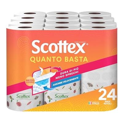 Scottex Quanto Basta, Carta Cucina, Opzione Mezzo Strappo, Con Carta certificata FSC, Confezione da 24 Maxi Rotoli Scottex Quanto Basta, Carta Cucina, Opzione Mezzo Strappo, Con Carta certificata FSC, Confezione da 24 Maxi Rotoli