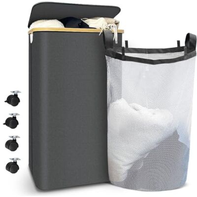 VOUNOT ® Cesto Portabiancheria 100L con Ruote, Cesta Biancheria Sporca con Coperchio e Manici in Bambù, Porta Biancheria Pieghevole Cesta Panni Sporchi per Bagno o Lavanderia Vestiti, Grigio VOUNOT ® Cesto Portabiancheria 100L con Ruote, Cesta Biancheria Sporca con Coperchio e Manici in Bambù, Porta Biancheria Pieghevole Cesta Panni Sporchi per Bagno o Lavanderia Vestiti, Grigio