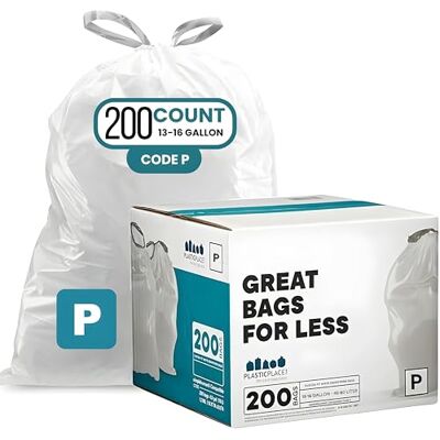 Plasticplace Sacchetti per la spazzatura con coulisse, compatibili con simplehuman Code P, sacchetti per immondizia bianchi, 50-60 litri, 59,7 x 80 cm, 200 pezzi Plasticplace Sacchetti per la spazzatura con coulisse, compatibili con simplehuman Code P, sacchetti per immondizia bianchi, 50-60 litri, 59,7 x 80 cm, 200 pezzi