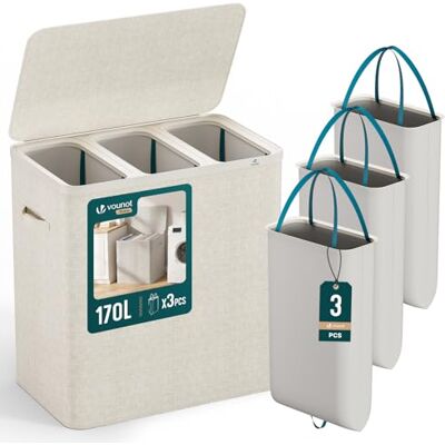 VOUNOT ® Cesto Portabiancheria 170L Rettangolare a 3 Scomparti con Coperchio, Cesto Biancheria Grande Capacità con 3 Sacchi Rimovibili Autoportante e Manici, per Bagno, Camera e Lavanderia, Beige VOUNOT ® Cesto Portabiancheria 170L Rettangolare a 3 Scomparti con Coperchio, Cesto Biancheria Grande Capacità con 3 Sacchi Rimovibili Autoportante e Manici, per Bagno, Camera e Lavanderia, Beige