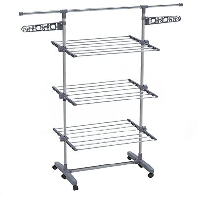 VOUNOT ® Stendino Verticale a Torre, Stendibiancheria Pieghevole in Acciaio Inox con Ripiani Regolabili e 6 Ruote, 3 Livelli VOUNOT ® Stendino Verticale a Torre, Stendibiancheria Pieghevole in Acciaio Inox con Ripiani Regolabili e 6 Ruote, 3 Livelli