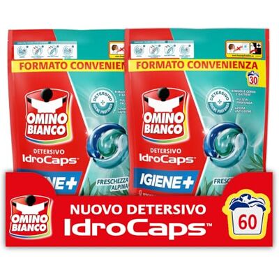 Omino Bianco Idrocaps Detersivo Lavatrice in Capsule Igiene, 60 Lavaggi, Efficace a Basse Temperature, Profumo Freschezza Alpina, 30 Caps x 2 Confezioni Omino Bianco Idrocaps Detersivo Lavatrice in Capsule Igiene, 60 Lavaggi, Efficace a Basse Temperature, Profumo Freschezza Alpina, 30 Caps x 2 Confezioni
