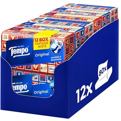Tempo Fazzoletti Box Original 4 Veli 12 Confezioni da 80 Fazzoletti in 4 Grafiche Assortite, 960 Fazzoletti Tempo Fazzoletti Box Original 4 Veli 12 Confezioni da 80 Fazzoletti in 4 Grafiche Assortite, 960 Fazzoletti