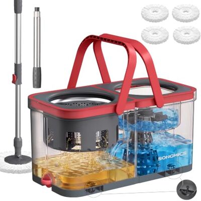 SONGMICS Mocio Rotante con Secchio, Separazione Acqua Pulita e Sporca, Cestello in Acciaio Inox, 4 Panni in Microfibra, con Ruote, 47,5 x 25,5 x 24 cm, Grigio e Rosso, Collezione CLEMAX SONGMICS Mocio Rotante con Secchio, Separazione Acqua Pulita e Sporca, Cestello in Acciaio Inox, 4 Panni in Microfibra, con Ruote, 47,5 x 25,5 x 24 cm, Grigio e Rosso, Collezione CLEMAX