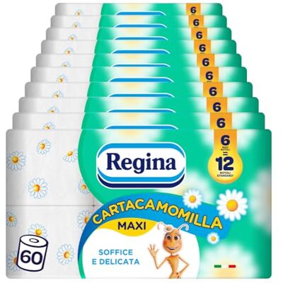 Regina Cartacamomilla, 60 Rotoli di Carta Igienica a 3 Veli Regina Cartacamomilla, 60 Rotoli di Carta Igienica a 3 Veli