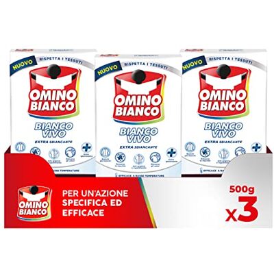 Omino Bianco Additivo Lavatrice Bianco Vivo in Polvere per Bucato, Azione Sbiancate, Specifico per i Tessuti Bianchi, 500 g x 3 Omino Bianco Additivo Lavatrice Bianco Vivo in Polvere per Bucato, Azione Sbiancate, Specifico per i Tessuti Bianchi, 500 g x 3