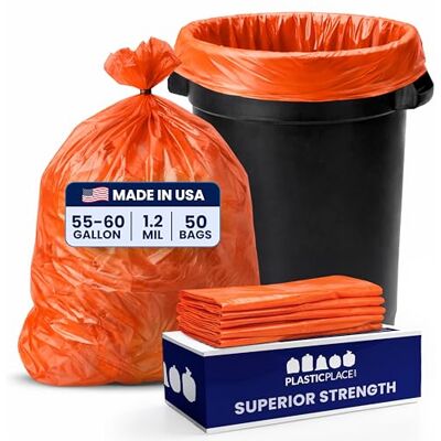 Plasticplace Sacchetti della spazzatura da 55 a 60 galloni │ 1,2 Mil │ Fodere per bidoni della spazzatura resistenti arancione │ 96,5 cm x 147,3 cm (50 conteggi) Plasticplace Sacchetti della spazzatura da 55 a 60 galloni │ 1,2 Mil │ Fodere per bidoni della spazzatura resistenti arancione │ 96,5 cm x 147,3 cm (50 conteggi)