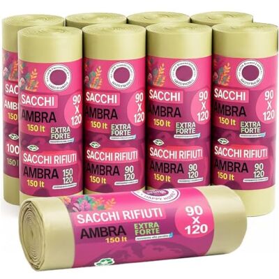 BAKAJI Set 50 Sacchetti per Spazzatura Grandi, Sacchi Immondizia in Plastica Riciclata Resistente, Busta Capacità per Sacchetto 150 Litri, Buste Resistenti alle Intemperie (Ambra 90 x 120 cm) BAKAJI Set 50 Sacchetti per Spazzatura Grandi, Sacchi Immondizia in Plastica Riciclata Resistente, Busta Capacità per Sacchetto 150 Litri, Buste Resistenti alle Intemperie (Ambra 90 x 120 cm)