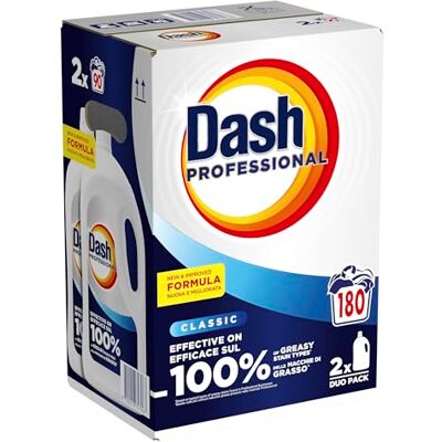 Dash Professional Classico, Detersivo Lavatrice Liquido Professionale, 180 lavaggi (90x2), Efficace su tutti i tipi di macchie grasse, Bianco Straordinario, Per Bucato Professionale Dash Professional Classico, Detersivo Lavatrice Liquido Professionale, 180 lavaggi (90x2), Efficace su tutti i tipi di macchie grasse, Bianco Straordinario, Per Bucato Professionale
