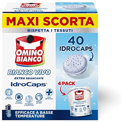 Omino Bianco Additivo Lavatrice Bianco Vivo Idrocaps, Capsule Idrosolubili per Bucato, Azione Sbiancante e Smacchiante, 10 Caps x 4 Omino Bianco Additivo Lavatrice Bianco Vivo Idrocaps, Capsule Idrosolubili per Bucato, Azione Sbiancante e Smacchiante, 10 Caps x 4