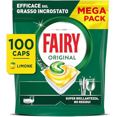 Fairy Original Pastiglie Lavastoviglie, 100 Capsule, Limone, Detersivo Con Azione Pulente Al Primo Lavaggio, Efficace Sul Grasso Incrostato Con Azione Brillante Fairy Original Pastiglie Lavastoviglie, 100 Capsule, Limone, Detersivo Con Azione Pulente Al Primo Lavaggio, Efficace Sul Grasso Incrostato Con Azione Brillante