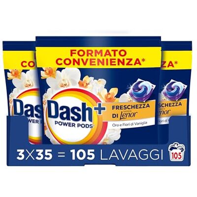 Dash Power Pods Detersivo Lavatrice In Capsule, 105 Lavaggi(3x35), Freschezza Di Lenor, Oro e Fiori di Vaniglia, Freschezza che dura 7 Giorni, Pulizia Impeccabile Dash Power Pods Detersivo Lavatrice In Capsule, 105 Lavaggi(3x35), Freschezza Di Lenor, Oro e Fiori di Vaniglia, Freschezza che dura 7 Giorni, Pulizia Impeccabile