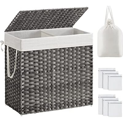 SONGMICS Cesto Portabiancheria con Coperchio, Cesta per Bucato 130L, 2 Scomparti, Sacco Estraibile con Manici, Intrecciato a Mano, in Camera da Letto, Bagno, 33 x 66 x 60 cm, Grigio SONGMICS Cesto Portabiancheria con Coperchio, Cesta per Bucato 130L, 2 Scomparti, Sacco Estraibile con Manici, Intrecciato a Mano, in Camera da Letto, Bagno, 33 x 66 x 60 cm, Grigio