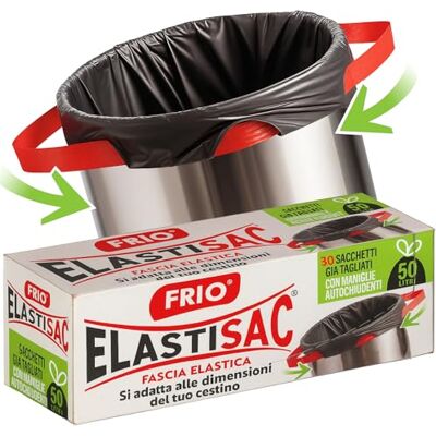 FRIO Elastisac 50L, 30 Sacchetti Spazzatura con Maniglie Elastiche Autochiudenti, Posizionamento Facile Senza Sforzo, per Pattumiera Rifiuti e Immondizia, Ultra Resistenti, già tagliati 68x72 cm FRIO Elastisac 50L, 30 Sacchetti Spazzatura con Maniglie Elastiche Autochiudenti, Posizionamento Facile Senza Sforzo, per Pattumiera Rifiuti e Immondizia, Ultra Resistenti, già tagliati 68x72 cm
