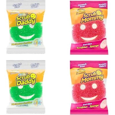 Scrub Daddy & Scrub Mommy Essentials Spugne Sorridenti per Pulizia e Lavaggio Piatti, Multipack Spugne da Cucina Non Abrasive con FlexTexture Morbido & Duro e Lavapiatti, Confezione da 4 Scrub Daddy & Scrub Mommy Essentials Spugne Sorridenti per Pulizia e Lavaggio Piatti, Multipack Spugne da Cucina Non Abrasive con FlexTexture Morbido & Duro e Lavapiatti, Confezione da 4