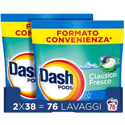 Dash Pods Detersivo Lavatrice In Capsule, 76 Lavaggi (2x38), Classico Fresco, Rimuove Le Macchie, Efficace A Freddo Anche E In Cicli Brevi Dash Pods Detersivo Lavatrice In Capsule, 76 Lavaggi (2x38), Classico Fresco, Rimuove Le Macchie, Efficace A Freddo Anche E In Cicli Brevi