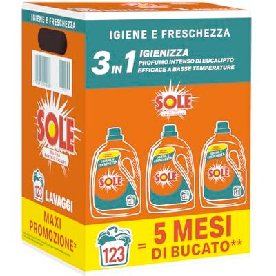 Sole Detersivo Lavatrice Igiene e Freschezza 123 Lavaggi, Formula igienizzante, Detersivo Lavatrice Liquido Igiene e Freschezza, rimuove le macchie a basse temperature Sole Detersivo Lavatrice Igiene e Freschezza 123 Lavaggi, Formula igienizzante, Detersivo Lavatrice Liquido Igiene e Freschezza, rimuove le macchie a basse temperature