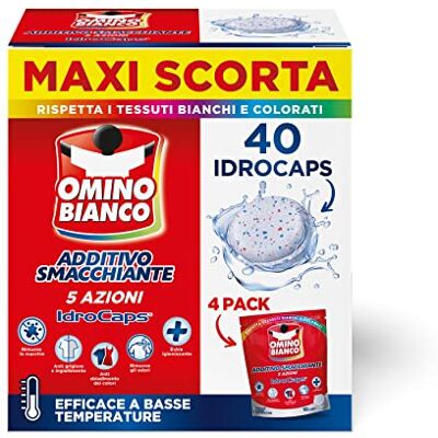 Omino Bianco Additivo Lavatrice Totale 5 Azioni in 1 Idrocaps, Capsule Idrosolubili per Bucato, Smacchiante e Igienizzante, 10 Caps x 4 Omino Bianco Additivo Lavatrice Totale 5 Azioni in 1 Idrocaps, Capsule Idrosolubili per Bucato, Smacchiante e Igienizzante, 10 Caps x 4