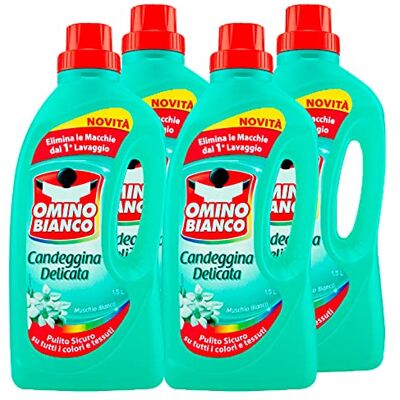Omino Bianco Candeggina Delicata, Tecnologia Anti Odor, Azione Igienizzante e Smacchiante, Essenza Muschio Bianco, 1500 ml x 4 Pezzi Omino Bianco Candeggina Delicata, Tecnologia Anti Odor, Azione Igienizzante e Smacchiante, Essenza Muschio Bianco, 1500 ml x 4 Pezzi