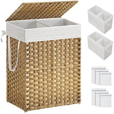 SONGMICS Cesto portabiancheria con coperchio, cesto per biancheria da 90 l, con 2 sacchetti rimovibili e 6 sacchetti in rete, cesto portabiancheria in vimini, doppio cesto portabiancheria per bagno, SONGMICS Cesto portabiancheria con coperchio, cesto per biancheria da 90 l, con 2 sacchetti rimovibili e 6 sacchetti in rete, cesto portabiancheria in vimini, doppio cesto portabiancheria per bagno,