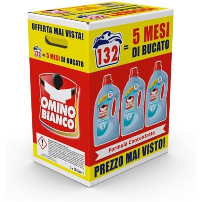 Omino Bianco Detersivo Lavatrice, Muschio Bianco, 132 Lavaggi, 1760 ml x 3 Pulisce in profondità, rimuove le macchie, dona un fresco profumo che dura a lungo, rispetta colori e tessuti Omino Bianco Detersivo Lavatrice, Muschio Bianco, 132 Lavaggi, 1760 ml x 3 Pulisce in profondità, rimuove le macchie, dona un fresco profumo che dura a lungo, rispetta colori e tessuti