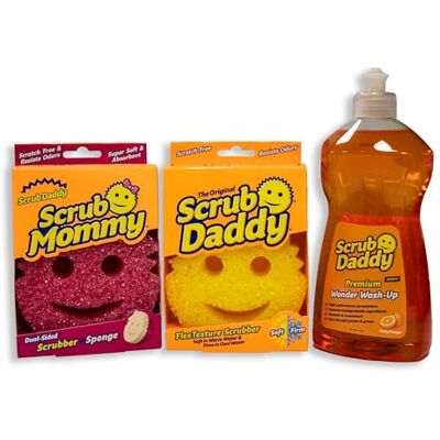 Scrub Daddy & Scrub Mommy Wonder Wash-Up Combo, Confezione doppia di spugna per piatti con detersivo per piatti 500 ml, Pagliette multipack antigraffio per la cucina, Spugne per la pulizia Scrub Daddy & Scrub Mommy Wonder Wash-Up Combo, Confezione doppia di spugna per piatti con detersivo per piatti 500 ml, Pagliette multipack antigraffio per la cucina, Spugne per la pulizia