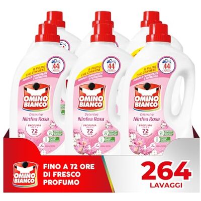 Omino Bianco Detersivo Lavatrice Liquido, 264 Lavaggi, Rispetta Colori e Tessuti, Fresco Profumo di Ninfea Rosa, 1760 ml x 6 Confezioni Omino Bianco Detersivo Lavatrice Liquido, 264 Lavaggi, Rispetta Colori e Tessuti, Fresco Profumo di Ninfea Rosa, 1760 ml x 6 Confezioni