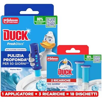 DUCK Fresh Discs, Detergente Bagno con Applicatore, Dischi Gel Igienizzanti WC, Profumo Brezza Marina, Confezione con 1 Applicatore, 18 Dischetti Gel DUCK Fresh Discs, Detergente Bagno con Applicatore, Dischi Gel Igienizzanti WC, Profumo Brezza Marina, Confezione con 1 Applicatore, 18 Dischetti Gel