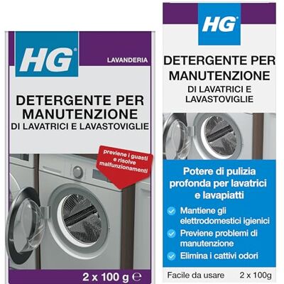 HG Detergente per Manutenzione di Lavatrici e Lavastoviglie, Anticalcare, Rimuove i Depositi e Supporta nella Manutenzione degli Elettrodomestici, 2 x 100 g HG Detergente per Manutenzione di Lavatrici e Lavastoviglie, Anticalcare, Rimuove i Depositi e Supporta nella Manutenzione degli Elettrodomestici, 2 x 100 g