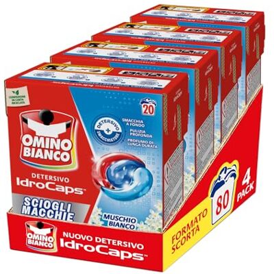 Omino Bianco Idrocaps Detersivo LavatriceiIn Capsule Sciogli Macchie, 80 Lavaggi, Efficace a Basse Temperature, Profumo Muschio Bianco, 20 Caps x 4 Confezioni Omino Bianco Idrocaps Detersivo LavatriceiIn Capsule Sciogli Macchie, 80 Lavaggi, Efficace a Basse Temperature, Profumo Muschio Bianco, 20 Caps x 4 Confezioni