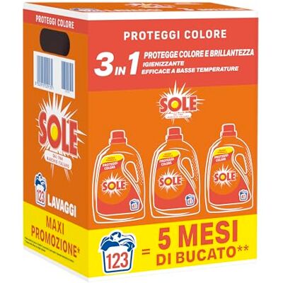 Sole Detersivo Lavatrice Proteggi Colore 123 Lavaggi, Formula igienizzante, Detersivo Lavatrice Liquido Proteggi Colore, rimuove le macchie a basse temperature Sole Detersivo Lavatrice Proteggi Colore 123 Lavaggi, Formula igienizzante, Detersivo Lavatrice Liquido Proteggi Colore, rimuove le macchie a basse temperature