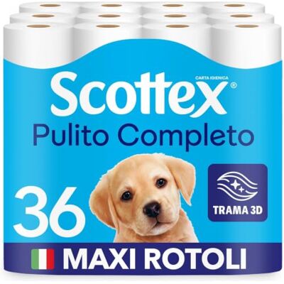 Scottex Pulito Completo Carta Igienica, Morbida e Resistente, Con fibre di Cotone, Fatto in Italia, 36 Rotoli Maxi Scottex Pulito Completo Carta Igienica, Morbida e Resistente, Con fibre di Cotone, Fatto in Italia, 36 Rotoli Maxi
