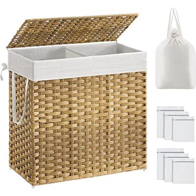 SONGMICS Cesto Portabiancheria con Coperchio, Cesta per Bucato 130L, 2 Scomparti, Sacco Estraibile con Manici, Intrecciato a Mano, in Camera da Letto, Bagno, 33 x 66 x 60 cm, Naturale SONGMICS Cesto Portabiancheria con Coperchio, Cesta per Bucato 130L, 2 Scomparti, Sacco Estraibile con Manici, Intrecciato a Mano, in Camera da Letto, Bagno, 33 x 66 x 60 cm, Naturale