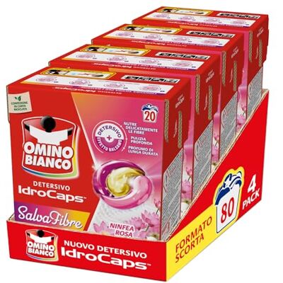 Omino Bianco Idrocaps Detersivo Lavatrice in Capsule Salva Fibre, 80 Lavaggi, Efficace a Basse Temperature, Profumo Ninfea Rosa, 20 Caps x 4 Confezioni Omino Bianco Idrocaps Detersivo Lavatrice in Capsule Salva Fibre, 80 Lavaggi, Efficace a Basse Temperature, Profumo Ninfea Rosa, 20 Caps x 4 Confezioni