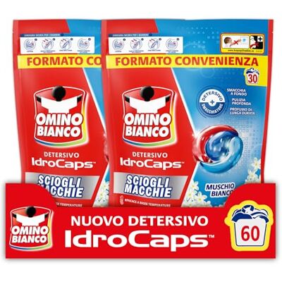 Omino Bianco Idrocaps Detersivo Lavatrice in Capsule Sciogli Macchie, 60 Lavaggi, Efficace a Basse Temperature, Profumo Muschio Bianco, 30 Caps x 2 Confezioni Omino Bianco Idrocaps Detersivo Lavatrice in Capsule Sciogli Macchie, 60 Lavaggi, Efficace a Basse Temperature, Profumo Muschio Bianco, 30 Caps x 2 Confezioni