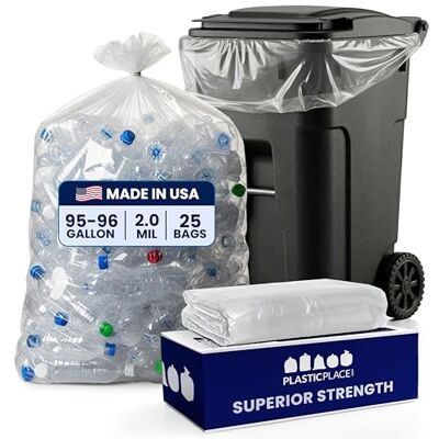 Plasticplace Sacchetti della spazzatura da 95 galloni, 2,0 Mil, 61 "W x 68" H, trasparente, 25/caso Plasticplace Sacchetti della spazzatura da 95 galloni, 2,0 Mil, 61 "W x 68" H, trasparente, 25/caso