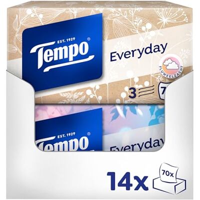 Tempo Light Box Fazzoletti di carta morbidi, 14 scatole, 70 fazzoletti per scatola, lavabili in lavatrice Tempo Light Box Fazzoletti di carta morbidi, 14 scatole, 70 fazzoletti per scatola, lavabili in lavatrice