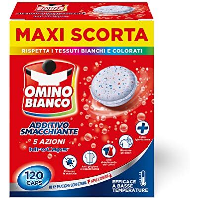 Omino Bianco Additivo Lavatrice Totale 5 Azioni in 1 Idrocaps, Capsule Idrosolubili per Bucato, Smacchiante e Igienizzante, 10 Caps x 12 Confezioni Omino Bianco Additivo Lavatrice Totale 5 Azioni in 1 Idrocaps, Capsule Idrosolubili per Bucato, Smacchiante e Igienizzante, 10 Caps x 12 Confezioni