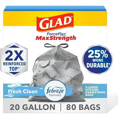 Glad ForceFlexPlus XL Sacchetti per la spazzatura da cucina con coulisse, taglia XL, colore: grigio, per una pulizia fresca con Febreze Freshness, 80 pezzi (pacchetto può variare) Glad ForceFlexPlus XL Sacchetti per la spazzatura da cucina con coulisse, taglia XL, colore: grigio, per una pulizia fresca con Febreze Freshness, 80 pezzi (pacchetto può variare)
