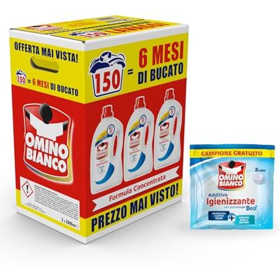 Omino Bianco Detersivo Lavatrice Igienizzante Liquido, 150 Lavaggi, Rispetta Colori e Tessuti, Igienizza e Rimuove Germi e Batteri, 2000 ml x 3 + Campione di Additivo Lavatrice Igienizzante Idrocaps Omino Bianco Detersivo Lavatrice Igienizzante Liquido, 150 Lavaggi, Rispetta Colori e Tessuti, Igienizza e Rimuove Germi e Batteri, 2000 ml x 3 + Campione di Additivo Lavatrice Igienizzante Idrocaps