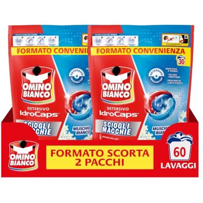 Omino Bianco Idrocaps Detersivo Lavatrice Sciogli Macchie, 30 Caps x 2 Rimuove anche le macchie più difficili, 60 lavaggi, fragranza Muschio Bianco, efficace a basse temperature Omino Bianco Idrocaps Detersivo Lavatrice Sciogli Macchie, 30 Caps x 2 Rimuove anche le macchie più difficili, 60 lavaggi, fragranza Muschio Bianco, efficace a basse temperature