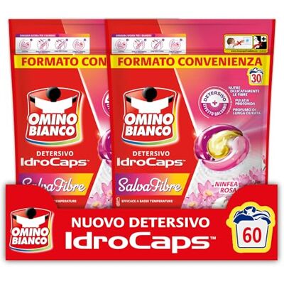Omino Bianco Idrocaps Detersivo Lavatrice in Capsule Salva Fibre, 60 Lavaggi, Efficace a Basse Temperature, Profumo Ninfea Rosa, 30 Caps x 2 Confezioni Omino Bianco Idrocaps Detersivo Lavatrice in Capsule Salva Fibre, 60 Lavaggi, Efficace a Basse Temperature, Profumo Ninfea Rosa, 30 Caps x 2 Confezioni