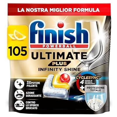 Finish Ultimate PLUS Infinity Shine Pastiglie Lavastoviglie al Limone, 105 Capsule con Scudo Protettivo contro lo Sporco e i Residui Incrostati Finish Ultimate PLUS Infinity Shine Pastiglie Lavastoviglie al Limone, 105 Capsule con Scudo Protettivo contro lo Sporco e i Residui Incrostati
