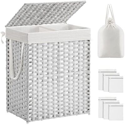SONGMICS Cesto Portabiancheria con Coperchio, Cesta per Bucato 90L, 2 Scomparti, Sacco Estraibile con Manici, Intrecciato a Mano, in Camera da Letto, Bagno, 33 x 46 x 60 cm, Bianco SONGMICS Cesto Portabiancheria con Coperchio, Cesta per Bucato 90L, 2 Scomparti, Sacco Estraibile con Manici, Intrecciato a Mano, in Camera da Letto, Bagno, 33 x 46 x 60 cm, Bianco