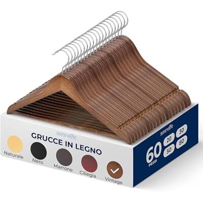 SereneLife Grucce Appendiabiti, 60 Stampelle Armadio in Legno, Appendiabiti Resistenti con Gancio Girevole a 360° e Tacche, Design Sottile per Felpe, Camicie, Giacche, Vestiti e Altro SereneLife Grucce Appendiabiti, 60 Stampelle Armadio in Legno, Appendiabiti Resistenti con Gancio Girevole a 360° e Tacche, Design Sottile per Felpe, Camicie, Giacche, Vestiti e Altro