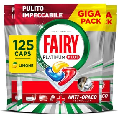 Fairy Platinum Plus Pastiglie Lavastoviglie Tutto in Uno, 125 Caps, Limone Pulizia impeccabile cicli brevi senza prelavaggio. Anti-opacità, super brillante, pulizia filtro Fairy Platinum Plus Pastiglie Lavastoviglie Tutto in Uno, 125 Caps, Limone Pulizia impeccabile cicli brevi senza prelavaggio. Anti-opacità, super brillante, pulizia filtro